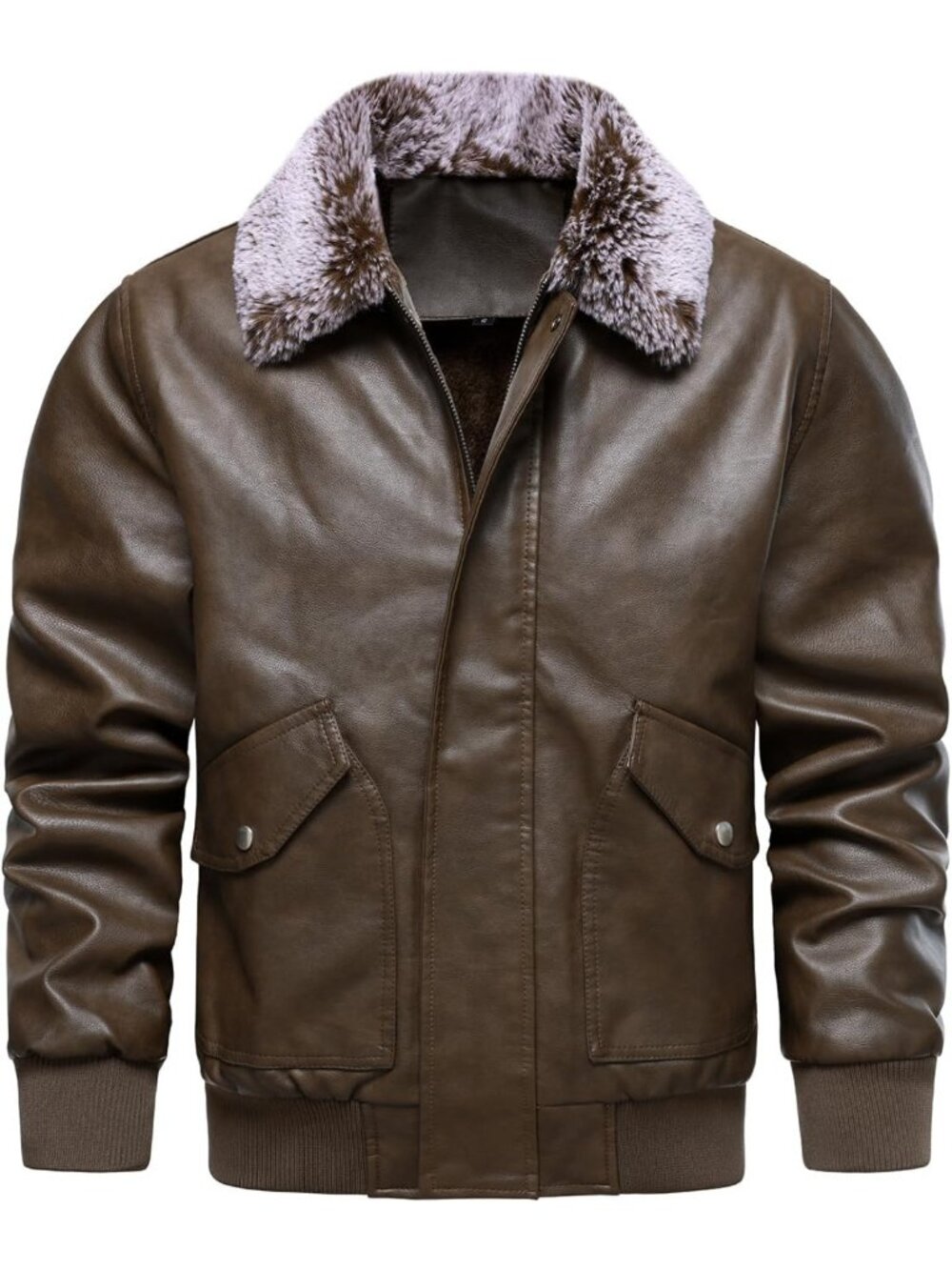 Stylish Men's Faux Leather Bomber Jacket with Fur Collar, Warm Fleece Lined